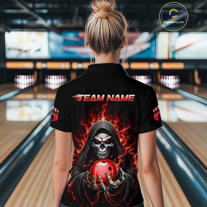 Custom Red Flame Grim Reaper Bowling Jersey for Women Bowling Team Shirts Polo & 1/4 Zip HNT479