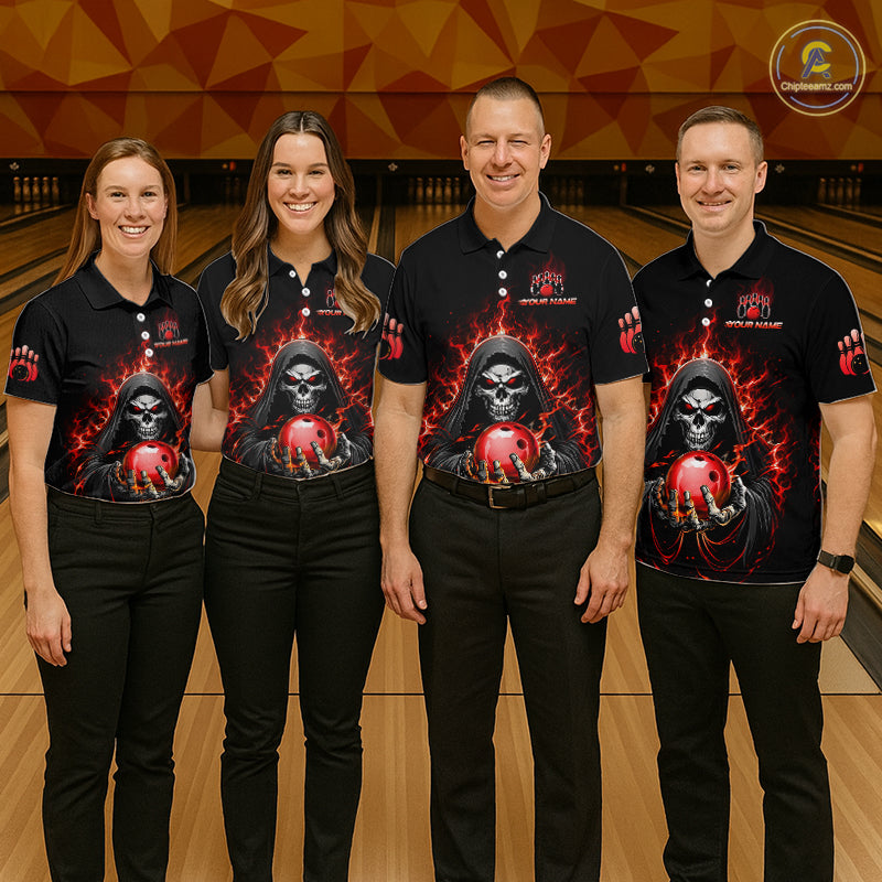 Custom Red Flame Grim Reaper Bowling Jersey for Women Bowling Team Shirts Polo & 1/4 Zip HNT479