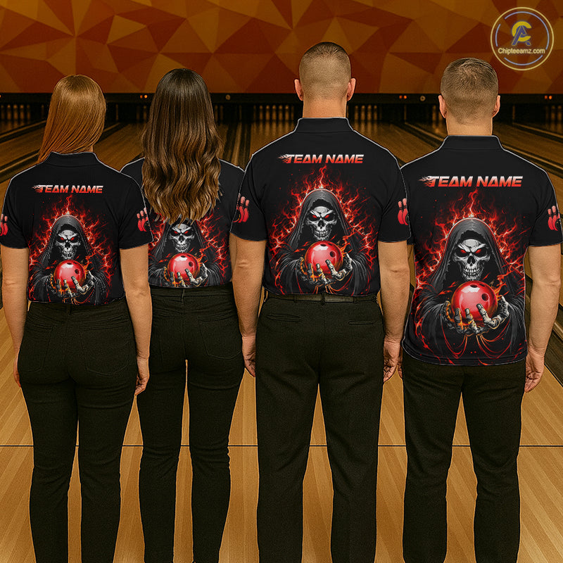 Custom Red Flame Grim Reaper Bowling Jersey for Women Bowling Team Shirts Polo & 1/4 Zip HNT479