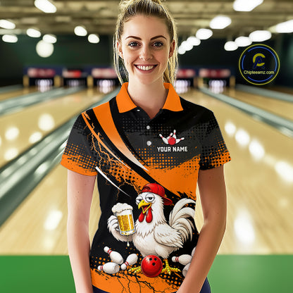 Woman wearing a orange and black bowling polo featuring a chicken holding a beer mug, red bowling ball, scattered pins, and custom your name text.