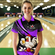 Load image into Gallery viewer, Woman wearing a purple and black bowling polo featuring a chicken holding a beer mug, red bowling ball, scattered pins, and custom your name text.