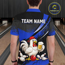 Load image into Gallery viewer, Man wearing a blue and black bowling polo featuring a chicken holding a beer mug, red bowling ball, scattered pins, and custom team text.