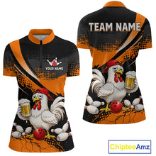 Load image into Gallery viewer, Front and back views of a orange and black bowling quarter zip featuring a chicken holding a beer mug, red bowling ball, scattered pins, and custom team text.