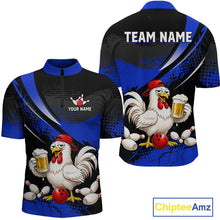 Load image into Gallery viewer, Front and back views of a blue and black bowling quarter zip featuring a chicken holding a beer mug, red bowling ball, scattered pins, and custom team text.