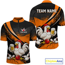 Load image into Gallery viewer, Front and back views of a orange and black bowling quarter zip featuring a chicken holding a beer mug, red bowling ball, scattered pins, and custom team text.