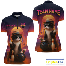 Load image into Gallery viewer, Custom retro funny cat bowling jersey for women, personalized team bowling quarter zip shirt front view and back view