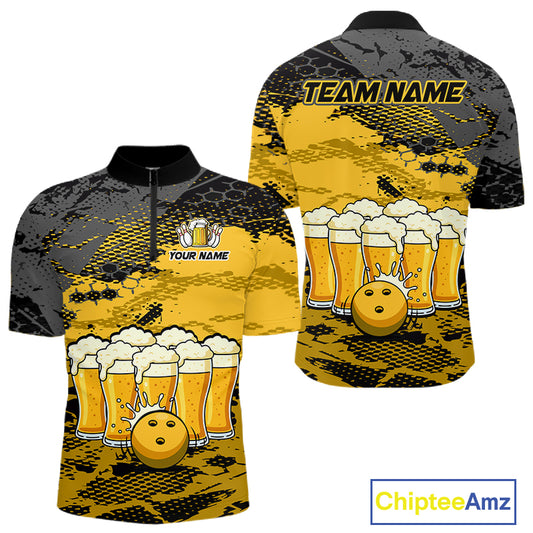 Custom Yellow Beer Bowling Shirts for Men Bowling Team Jersey Bowling League Polo & 1/4 Zip HNT493
