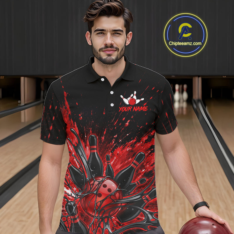 Personalized Red Bowling Jerseys For Men, Custom Bowling Team Shirts Bowling Pin And Ball HNT494