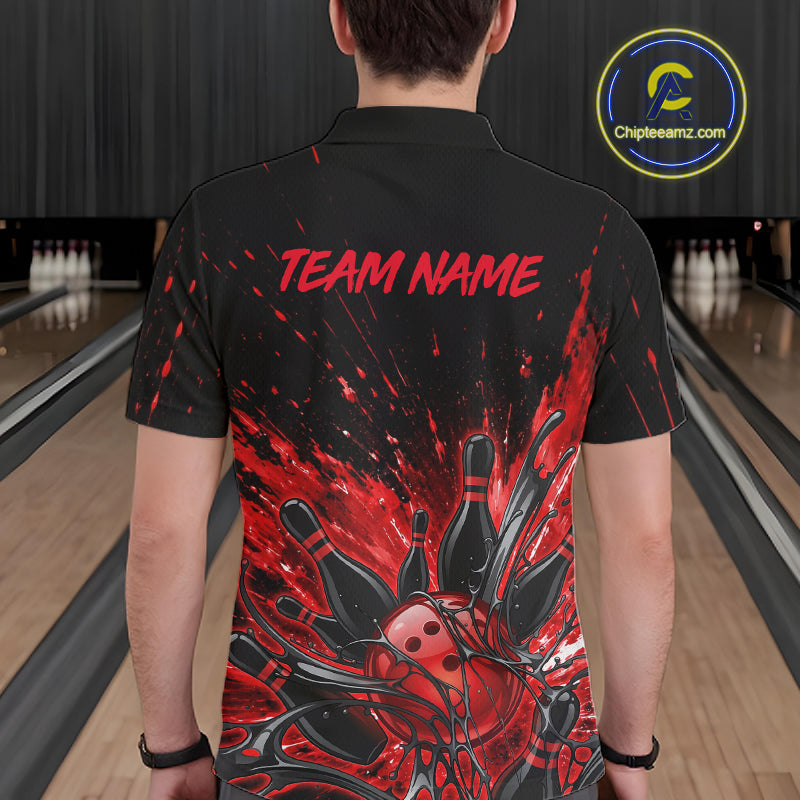 Personalized Red Bowling Jerseys For Men, Custom Bowling Team Shirts Bowling Pin And Ball HNT494