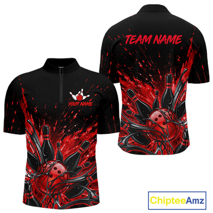 Personalized Red Bowling Jerseys For Men, Custom Bowling Team Shirts Bowling Pin And Ball HNT494