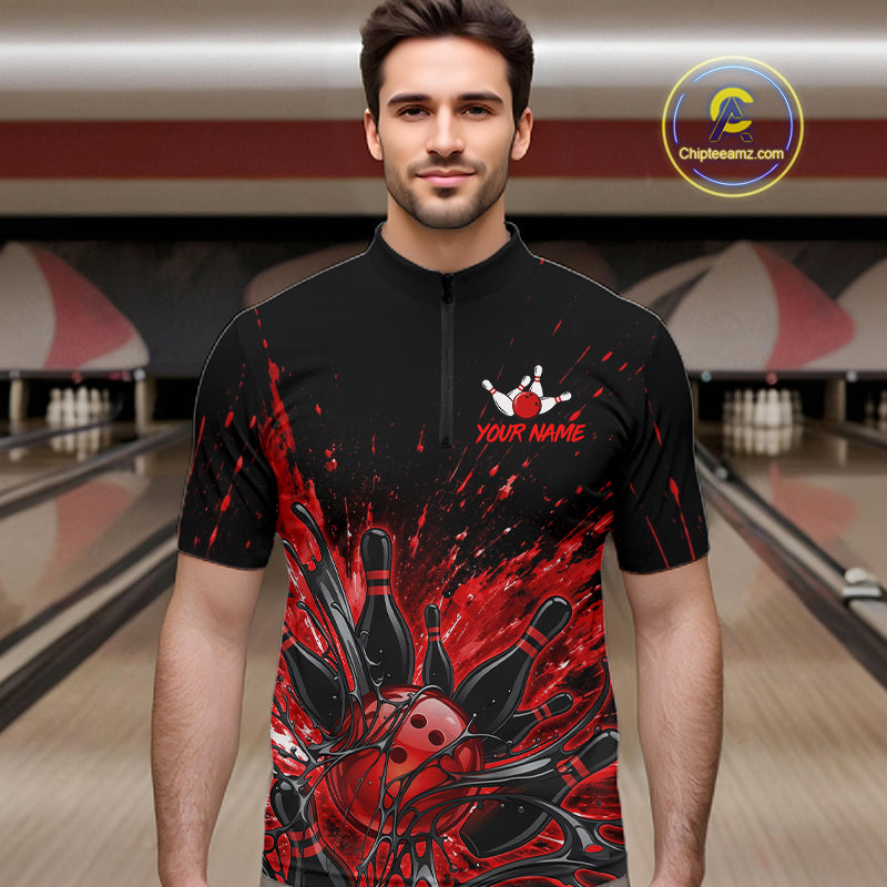 Personalized Red Bowling Jerseys For Men, Custom Bowling Team Shirts Bowling Pin And Ball HNT494
