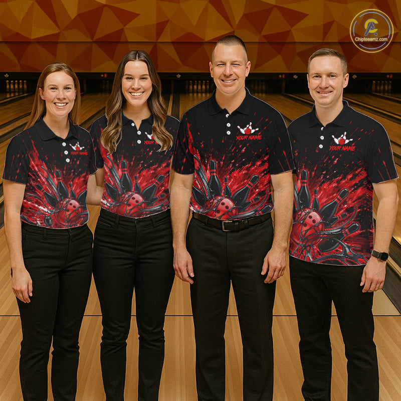 Personalized Red Bowling Jerseys For Men, Custom Bowling Team Shirts Bowling Pin And Ball HNT494