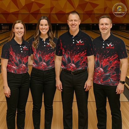 Personalized Red Bowling Jerseys For Men, Custom Bowling Team Shirts Bowling Pin And Ball HNT494