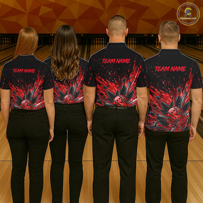 Personalized Red Bowling Jerseys For Men, Custom Bowling Team Shirts Bowling Pin And Ball HNT494