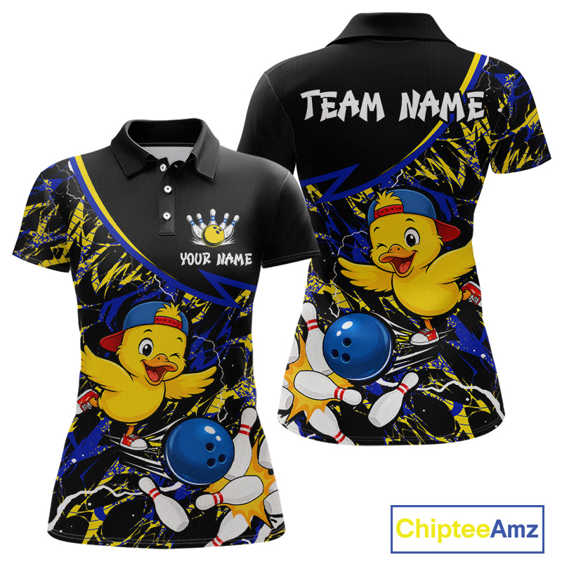 Black polo shirt with cartoon duck design and customizable text on a white background