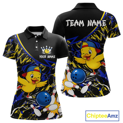 Black polo shirt with cartoon duck design and customizable text on a white background