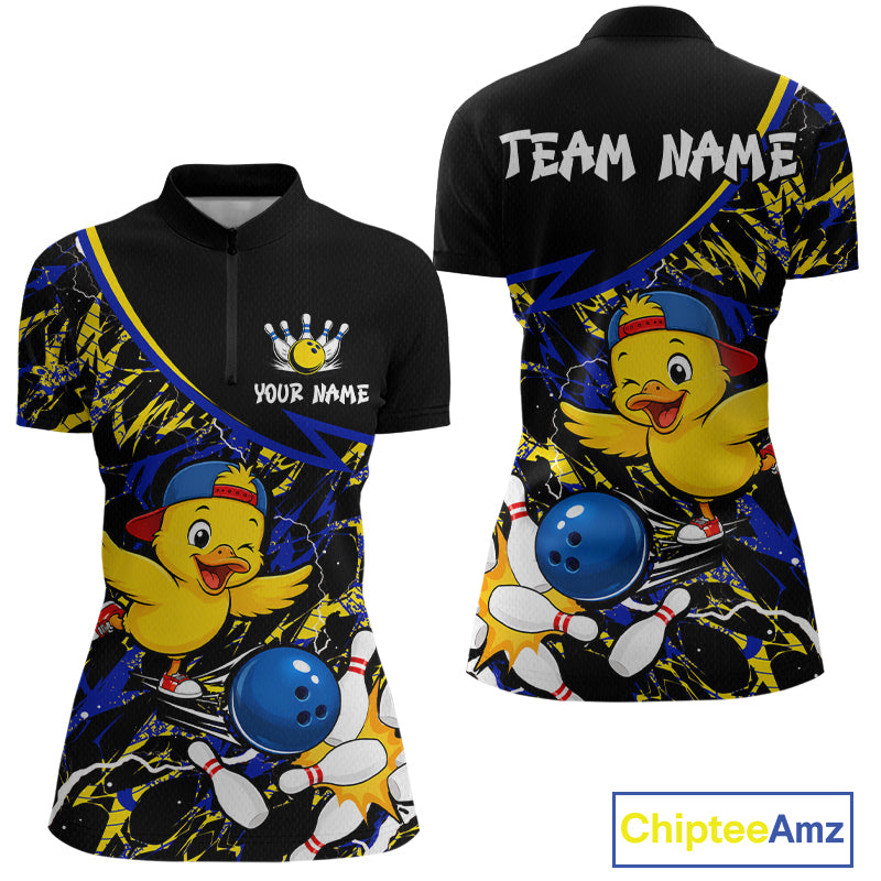 Bowling-themed shirt with cartoon duck design and customizable text on a black background