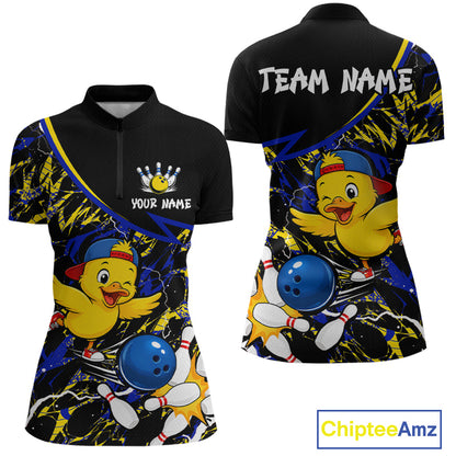 Bowling-themed shirt with cartoon duck design and customizable text on a black background