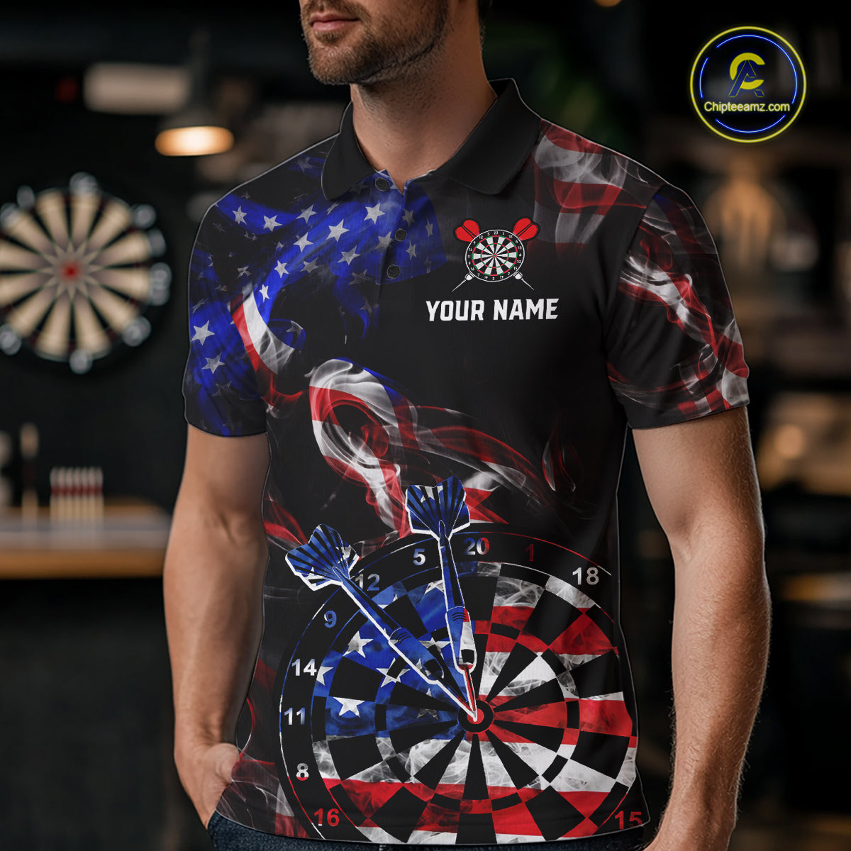 Custom US Flag Aim Shoot Swear Repeat Darts Shirt for Men Darts Team Jerseys Polo & 1/4 Zip NNT114
