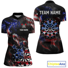 Load image into Gallery viewer, Front and back views of a black darts quarter zip featuring patriotic American flag smoke graphics, dartboards, blue darts, and custom team and player name text.