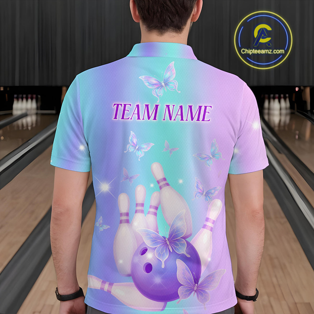 Custom Neon Butterfly Bowling Jersey for Men Bowling Team Shirts Bowling League Polo & 1/4 Zip HNT172