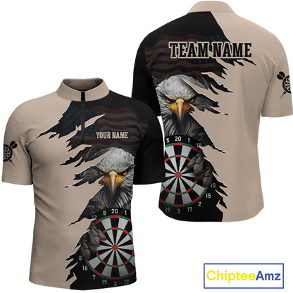 Front and back views of a beige and black darts quarter zip featuring a bald eagle, torn-flag graphics, dartboard designs, and custom team text.