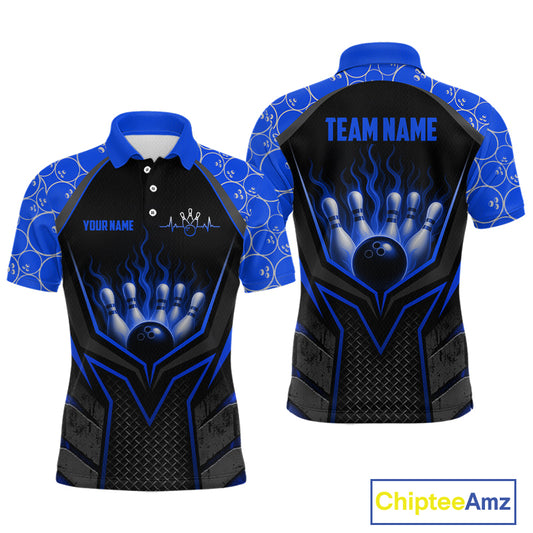 Bowling shirt with blue and black design, featuring a hand holding a bowling ball and 'TEAM NAME' text on the back. Chiptee Amz branding visible.
