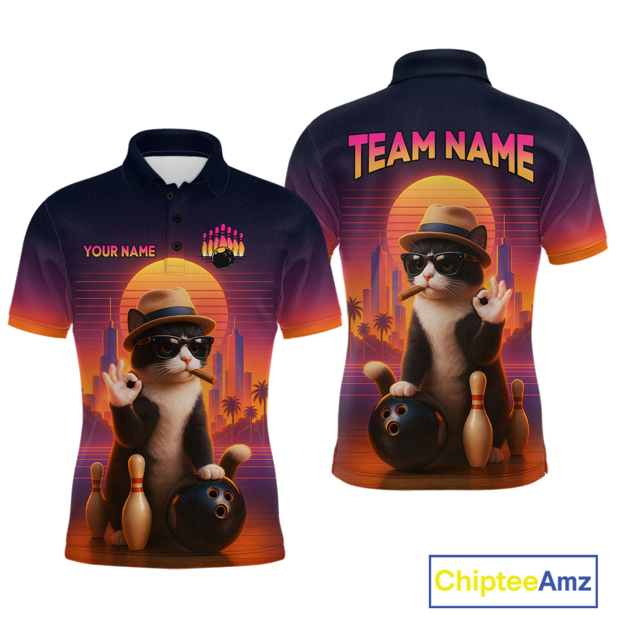 Custom Funny Cat Bowling Jersey for Men Bowling Uniform Bowling Team Shirts Polo & 1/4 Zip HNT196