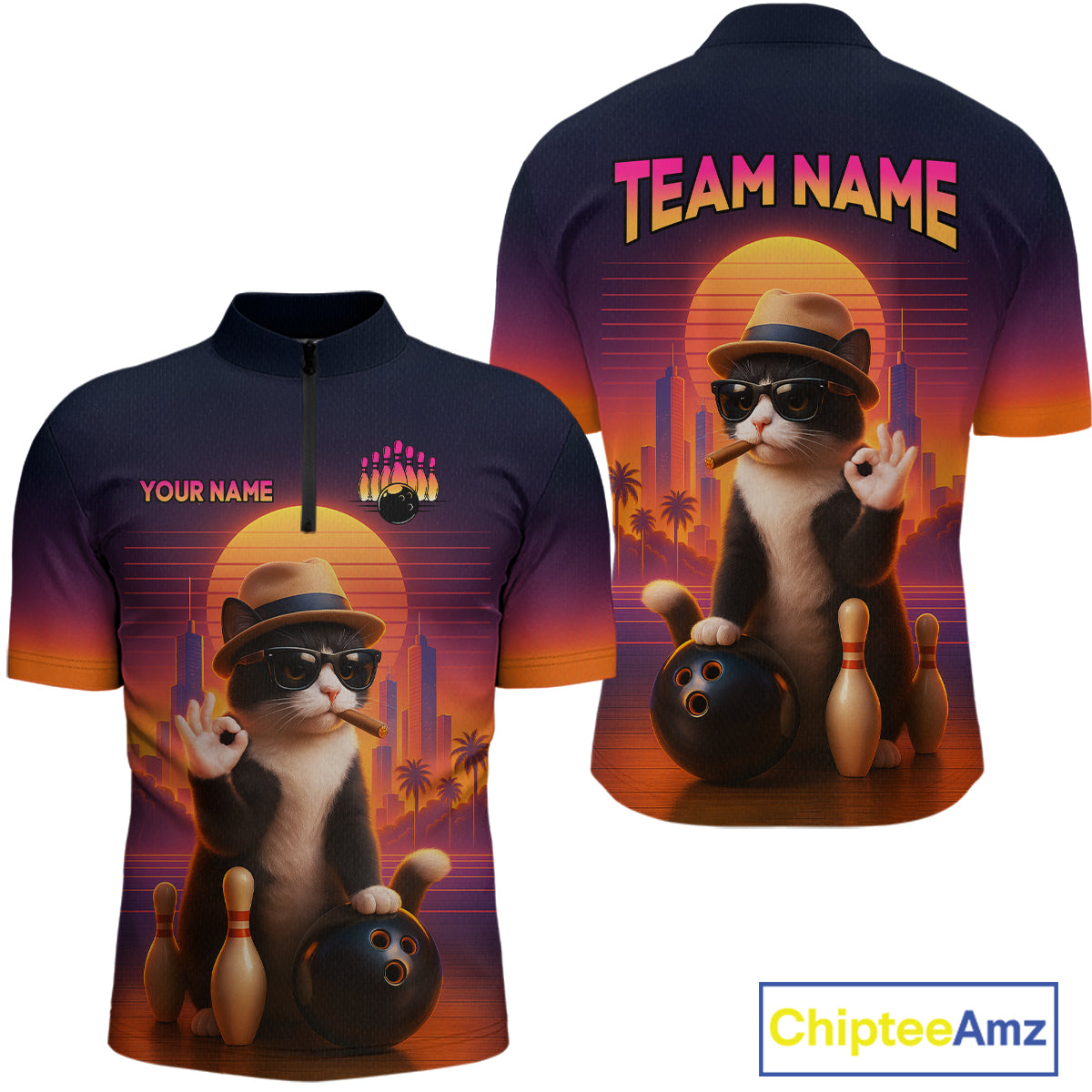 Custom Funny Cat Bowling Jersey for Men Bowling Uniform Bowling Team Shirts Polo & 1/4 Zip HNT196
