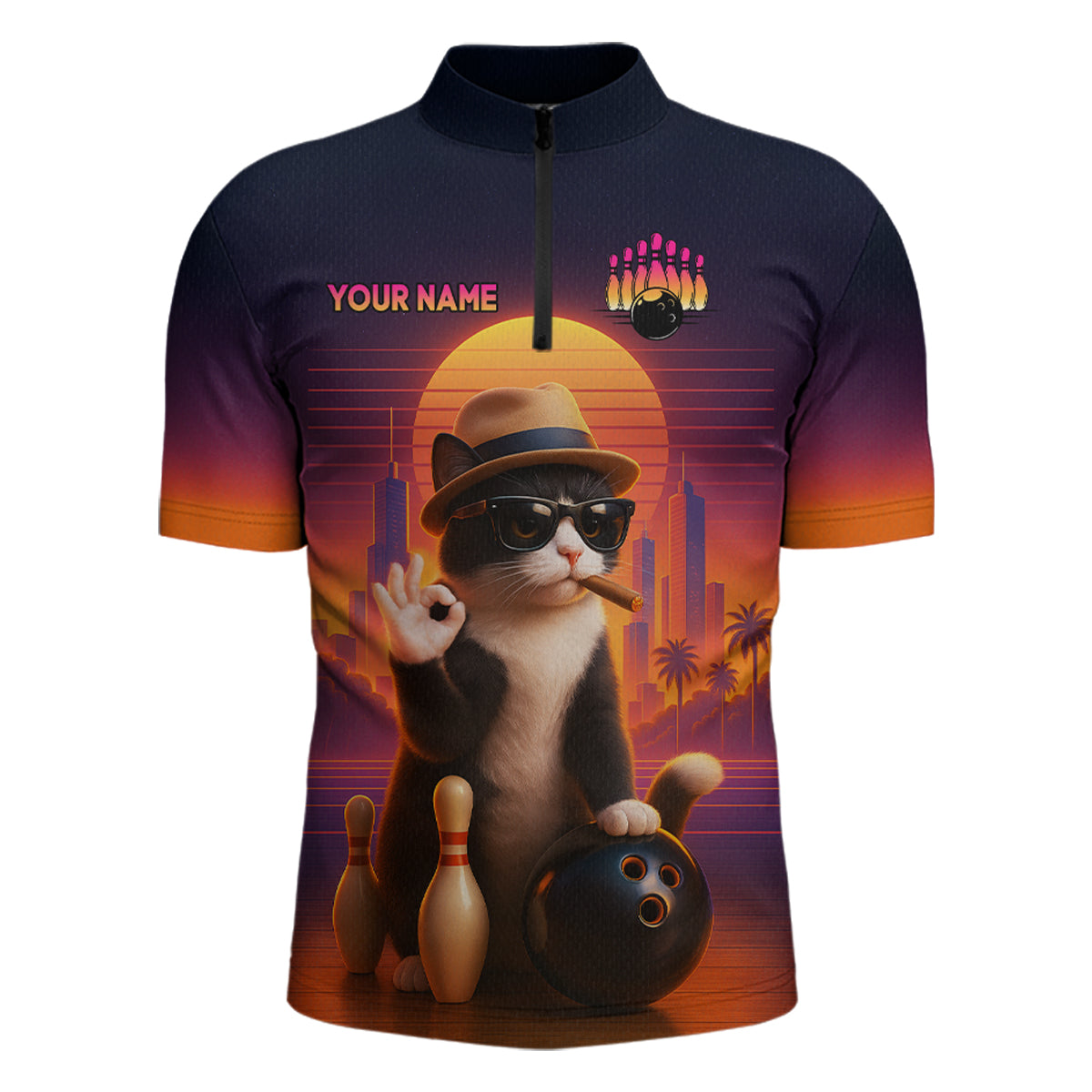 Custom Funny Cat Bowling Jersey for Men Bowling Uniform Bowling Team Shirts Polo & 1/4 Zip HNT196