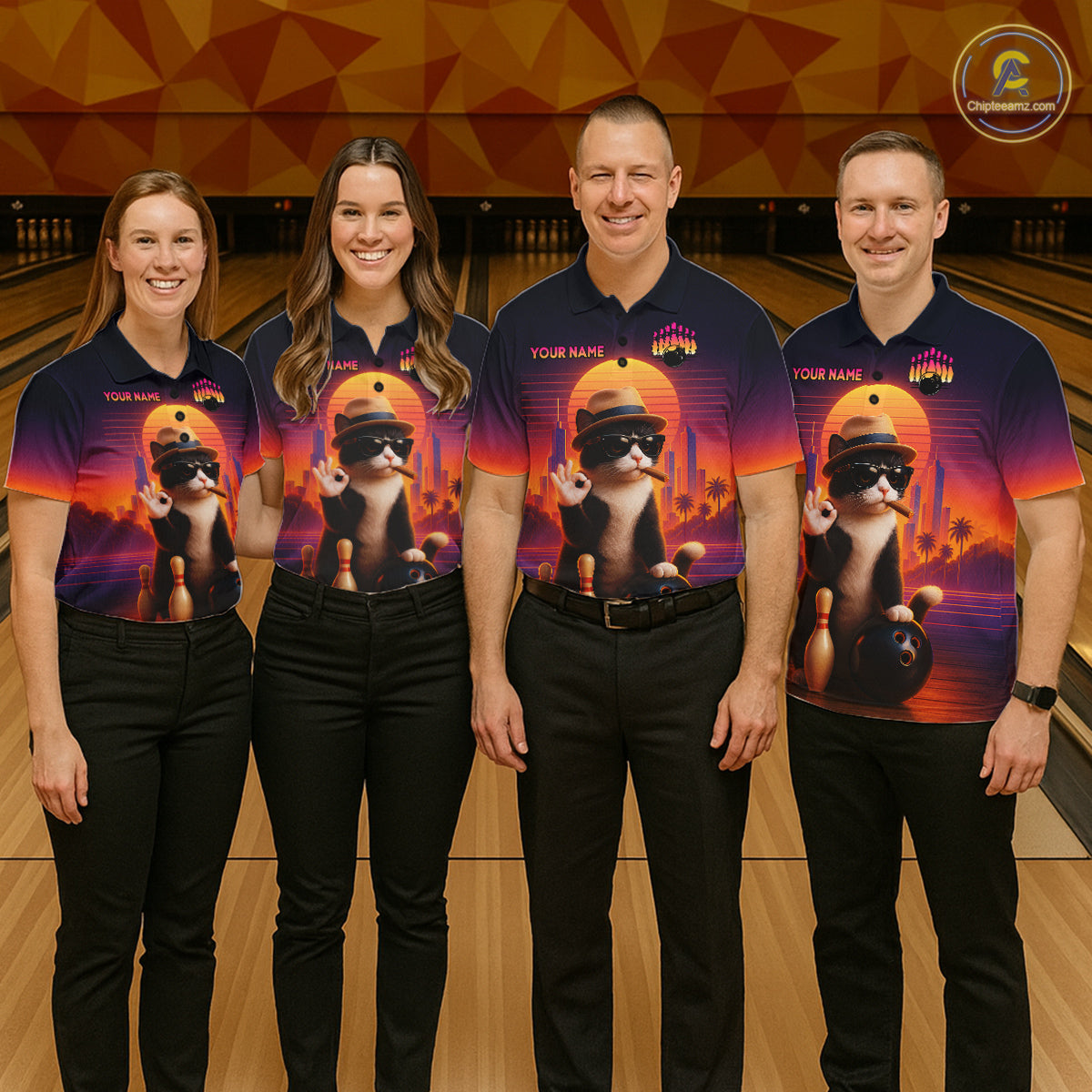 Custom Funny Cat Bowling Jersey for Men Bowling Uniform Bowling Team Shirts Polo & 1/4 Zip HNT196