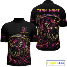 Load image into Gallery viewer, Black shirts with colorful grim reaper design on a white background, featuring 'Team Name' and 'Your Name' text.
