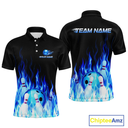 Black polo shirt with blue flame design and bowling elements, featuring 'Your Name' and 'Team Name' text on a white background.