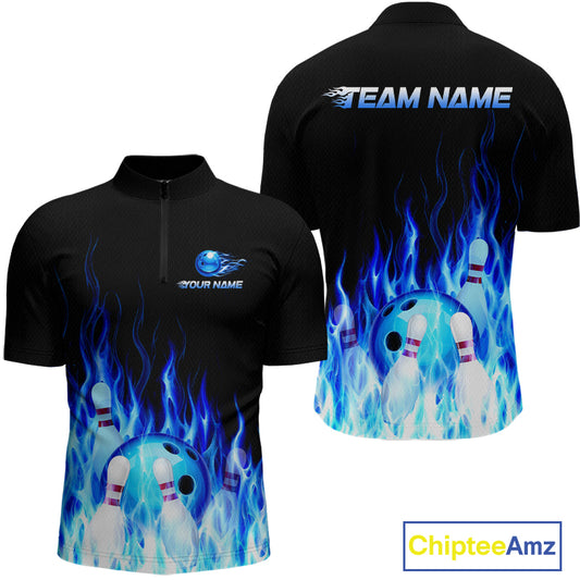 Black polo shirt with blue flame design and bowling elements, featuring 'Your Name' and 'Chiptee Amz' branding.