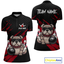 Load image into Gallery viewer, Women’s red Bulldog bowling polo shirt, front view on female model in bowling lane 