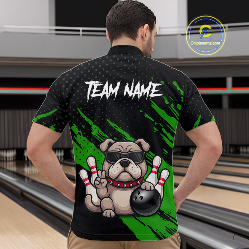 Men’s green Bulldog bowling quarter zip shirt, back view on male model in bowling lane 