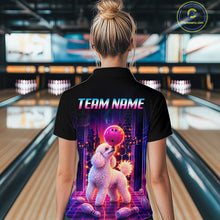 Load image into Gallery viewer, Women’s retro Poodle Dog neon synthwave bowling polo shirt, back view on female model in bowling lane 