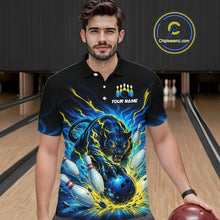 Load image into Gallery viewer, Man wearing a black bowling shirt with a panther design in a bowling alley.