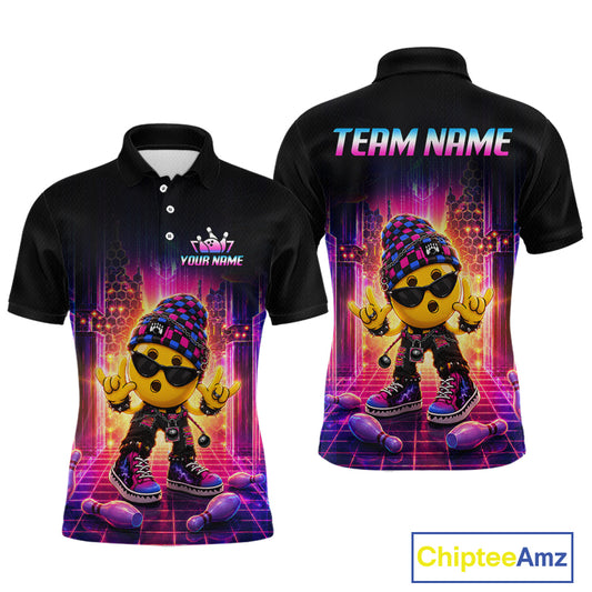 Custom neon synthwave rocker bowling jersey for men, personalized team bowling polo shirt front view and back view.