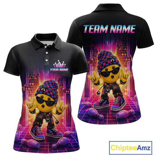 Custom neon synthwave rocker bowling jersey for women, personalized team bowling polo shirt front view and back view.
