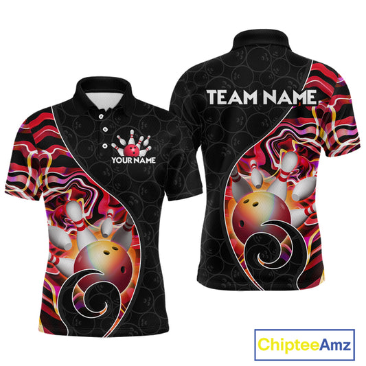 Men’s red neon wave strike bowling shirt with custom name, front view polo design on white background