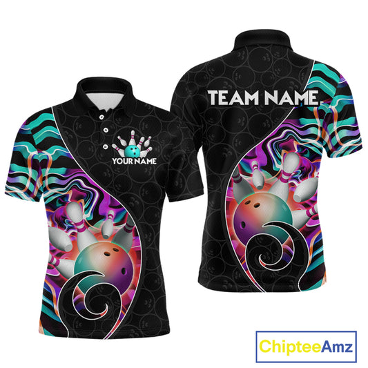 Men’s turquoise neon wave strike bowling shirt with custom name, front view polo design on white background