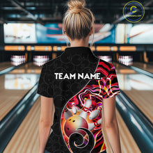 Load image into Gallery viewer, Women’s red neon wave bowling quarter zip shirt, back view on female model in bowling lane