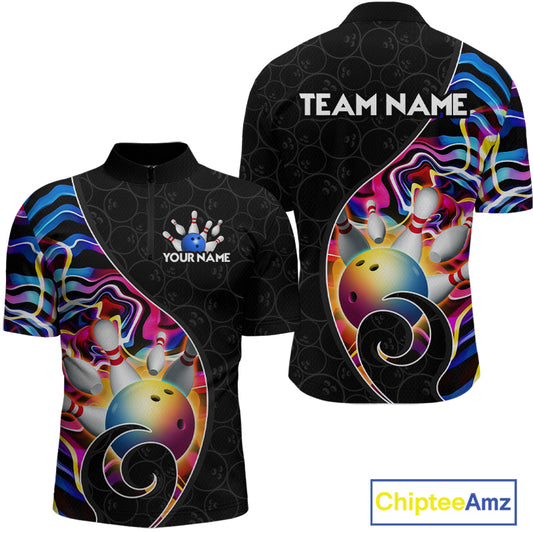 Men’s blue neon wave strike bowling shirt with custom name, front view quarter zip design on white background