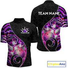 Load image into Gallery viewer, Men’s purple neon wave strike bowling shirt with custom name, front view quarter zip design on white background