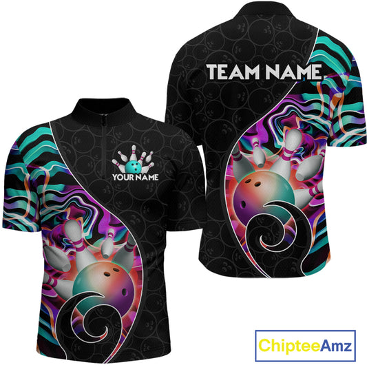 Men’s turquoise neon wave strike bowling shirt with custom name, front view quarter zip design on white background