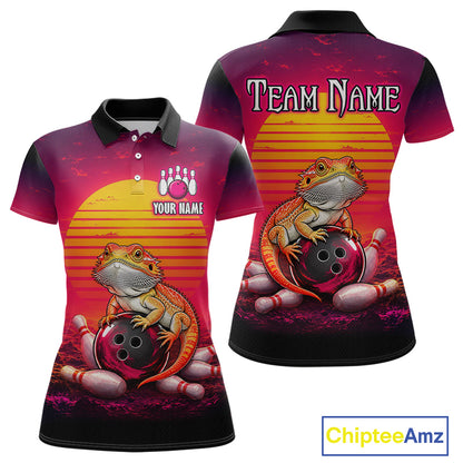 Custom retro sunset bearded dragon bowling jersey for women, personalized team bowling polo shirt front view and back view