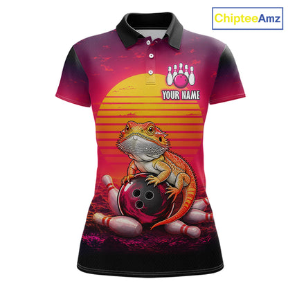 Custom retro sunset bearded dragon bowling jersey for women, personalized team bowling polo shirt front view