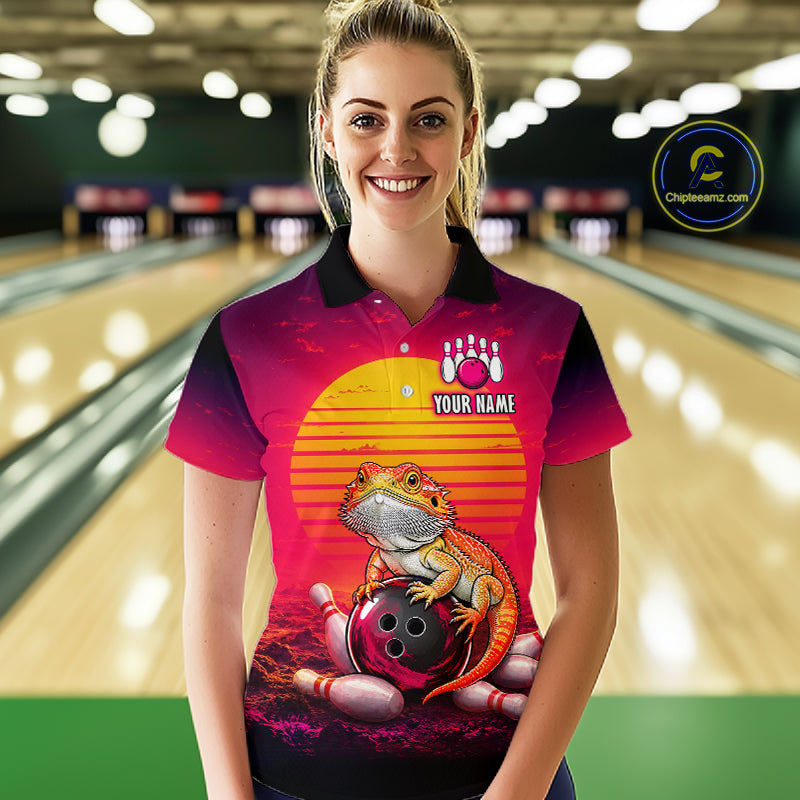 Women’s retro sunset bearded dragon bowling polo shirt, front view on female model in bowling lane 