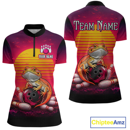 Custom retro sunset bearded dragon bowling jersey for women, personalized team bowling quarter zip shirt front view and back view